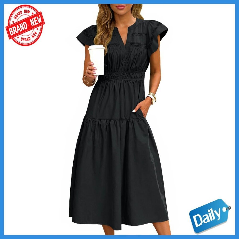 Midi Dress V Neck Lace Trim Elastic Waist Flowy A Line with Pockets